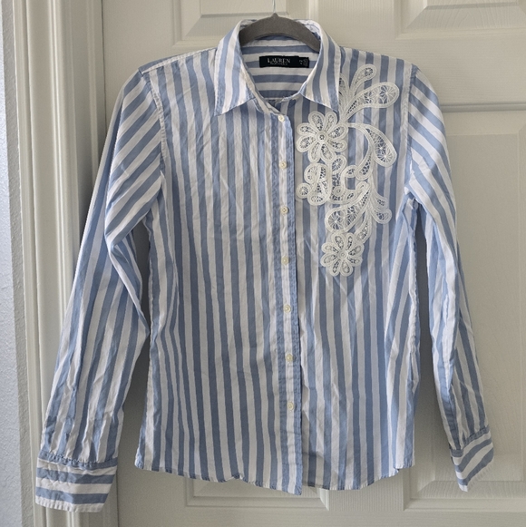 Lauren Blue and White Striped Shirt with Lace Detail Size MP - Picture 4 of 16